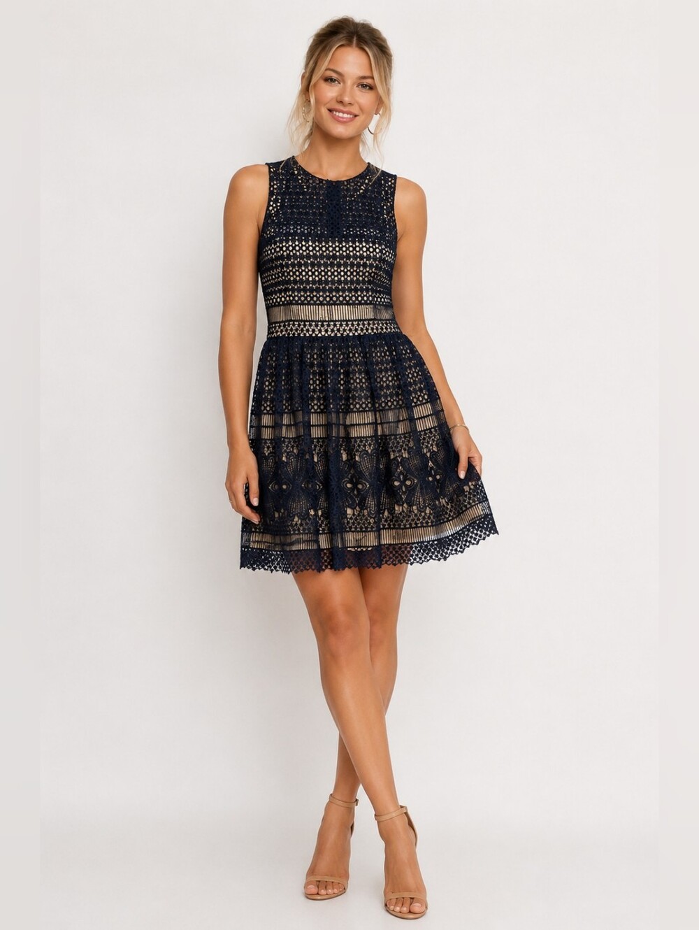 Francescas Navy Blue Lace Mini Dress Sleeveless